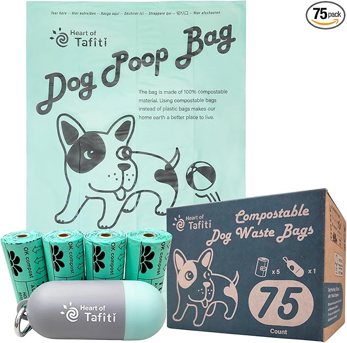 Home Compostable Dog Poop Bags, Dog Bags for Poop (75 Count) with Holder, Doggie Poop Bags, Dog Waste Bags, Plant-Based, Extra Thick & Leak Proof, Unscented, 9 x 13 Inches