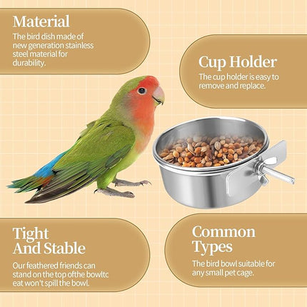 Bird Cage Feeder, Bird Feeder for Cage, 10oz Stainless Steel Food Water Bowl with Clamp, Clip-On Cage Coop Cup for Parrot Hamster Rabbit Rat Small Animals