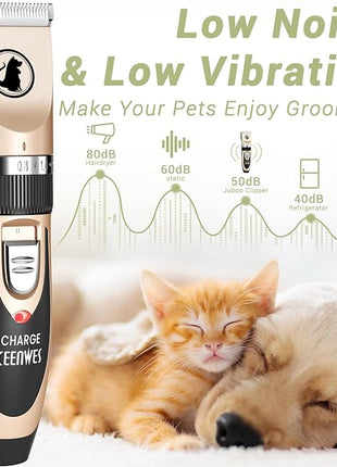 Ceenwes Dog Clippers Low Noise Pet Clippers Rechargeable Trimmer Cordless Grooming Tool Professional Dog Hair Trimmer with Comb Guides Scissors for Dogs Cats & Others（Gold）