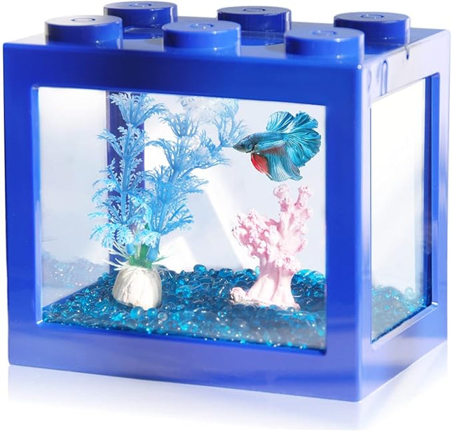 Small Betta Fish Tank, Stackable Mini Fish Tank Aquarium Tank Kit, 3/5 Gallon Rectangular Fish Bowl with Aquarium Gravel Decoration, Tiny Cube Tank for Seaweed Balls Sea Monkeys