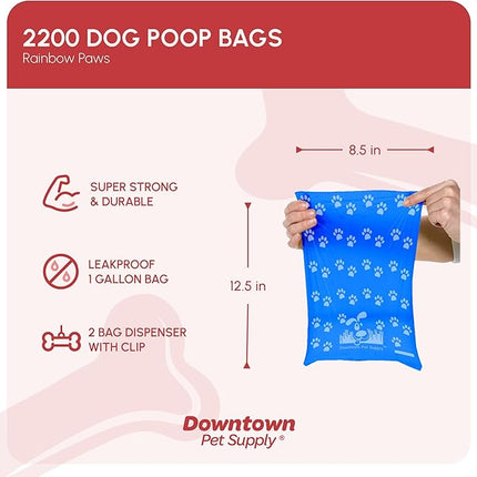 Downtown Pet Supply Rainbow Paw Print Poop Bags (2200 CT & 2 Dispensers) - Leak-Proof, Unscented, Clips to Leashes & Harnesses