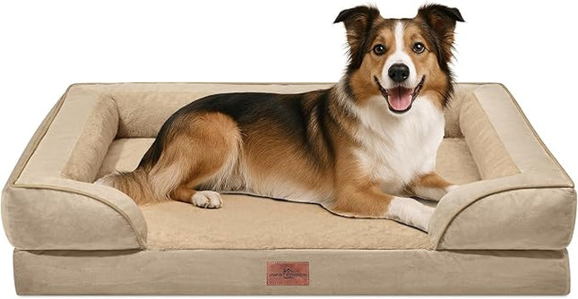 Comfort Expression Orthopedic Dog Bed for Large Dogs 38x25 Inch, Waterproof Egg Crate Foam Large Pet Bed with Removable Bolsters, Dog Couch with Washable Cover & Non-Slip Bottom, Light Brown