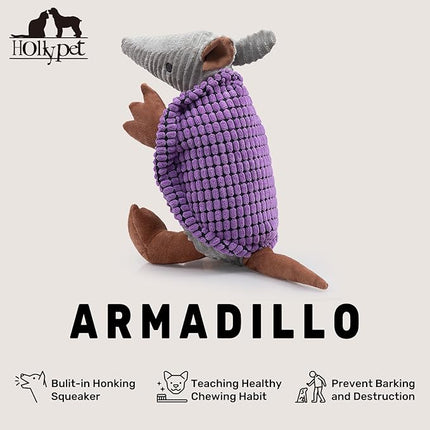 Hollypet Plush Dog Squeaky Toy Stuffed Armadillo Animal Pet Puppy Chew Toys with Clean Teeth for Small Medium Large All Breed Sizes Dogs, Purple, 14 in