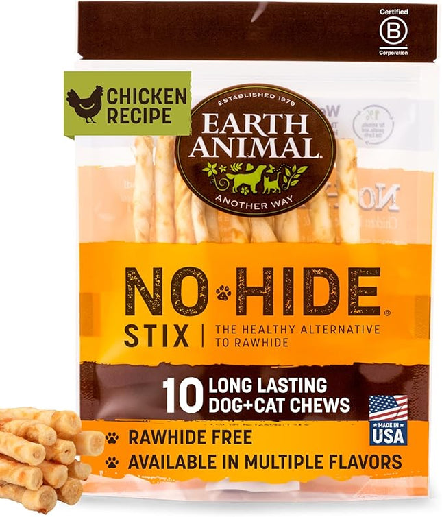 Earth Animal No Hide Stix - Long Lasting Rawhide Free Small Dog Chews Sticks, Chicken - 10 Count