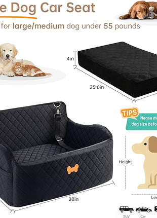 Car Seat for Large Size Dog, Booster Seat for Dogs Under 55 lbs or 2 Small Dogs, Soft Car Dog Bed Filling in Thick Memory Foam with 2 Safety Leashes and Storage Pocket (Black)