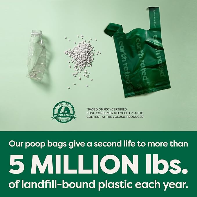 Earth Rated Dog Poop Bags with Handles on Refill Rolls, Easy-Tie on a Compact Roll, Extra Wide Opening, Guaranteed Leak-Proof, Lavender Scented, 105 on Rolls