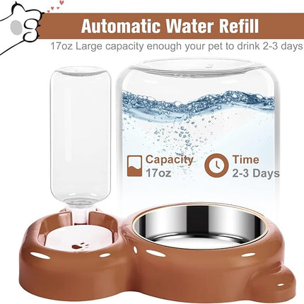 Dog Bowls, Cat Food and Water Bowl Set with Water Dispenser and Stainless Steel Bowl for Cats and Small Dogs - Brown