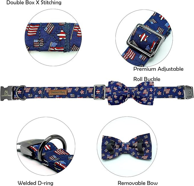 Lionheart glory American Flag Dog Collar 4 of July Independence Patriotic Dog Bow Collars Heavy Duty Adjustable Soft Collar with Bowtie for Large Dogs Pet Gift