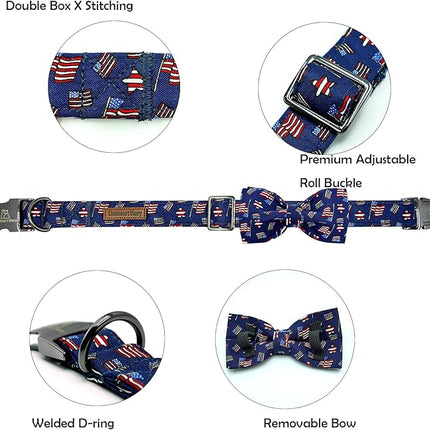Lionheart glory American Flag Dog Collar 4 of July Independence Patriotic Dog Bow Collars Heavy Duty Adjustable Soft Collar with Bowtie for Medium Dogs Pet Gift