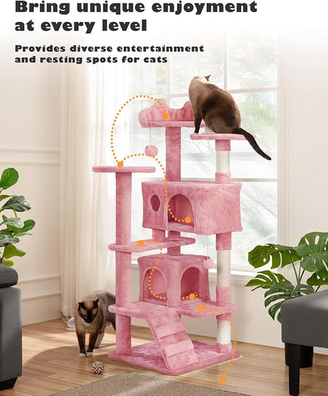 Yaheetech 54in Cat Tree Tower, Multi-Level Cat Tree for Indoor Cats with Scratching Posts, Dangling Balls Cat Play House, Pink