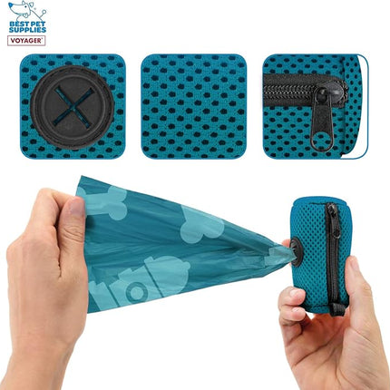 Best Pet Supplies Dog Poop Bag Holder Leash Attachment with 15 Bags, Turquoise, Reusable Mesh Dispenser Pouch for Travel, Walking, Park, and Outdoor Use, Soft and Durable with Clip-On