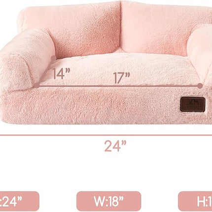 Hollypet Fluffy Plush Pet Cat Couch Soft Calming Pet Sofa Beds for Medium Small Cats and Dogs, Pink