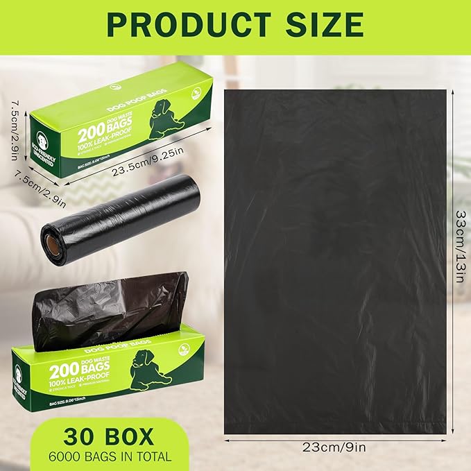 Harloon 6000 Counts Dog Poop Waste Bags 30 Rolls Extra Thick Strong Leak PET Proof Bags Disposable Bulk Universal Doggy Roll Waste Box for Puppy Outdoor Walking Travel(Black,13 x 9 Inches)