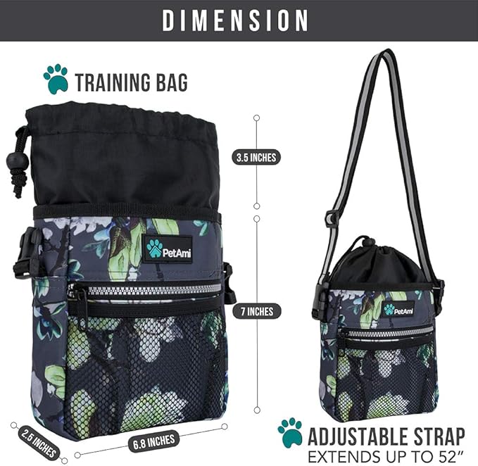 PetAmi Dog Treat Pouch, Pet Treat Pouch for Training, Dog Walking Bag Holder for Kibbles, Pet Food Toy, Dog Trainer Essentials Supplies, Poop Bag Dispenser, 3 Ways to Wear (Floral Grey)