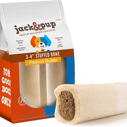 Jack&Pup 3-4" Filled Dog Bones for Small and Large Dogs, Flavored Shin Dog Bones Long Lasting, Stuffed Bone for Dogs, High Protein, Peanut Butter Flavor - 4 Pack