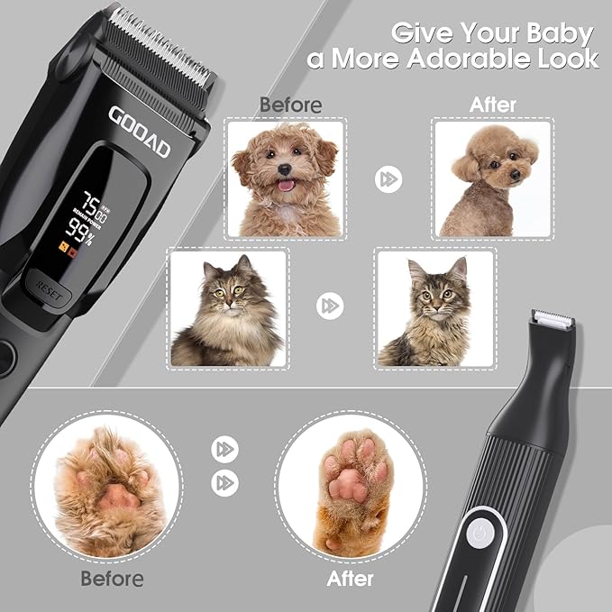 Dog Clippers for Grooming Heavy Thick Hair & Coats, 7500rpm Low Noise Cordless Pet Shaver, Dog Grooming Kit with Paw Trimmer Nail Grinder for Small Large Dogs