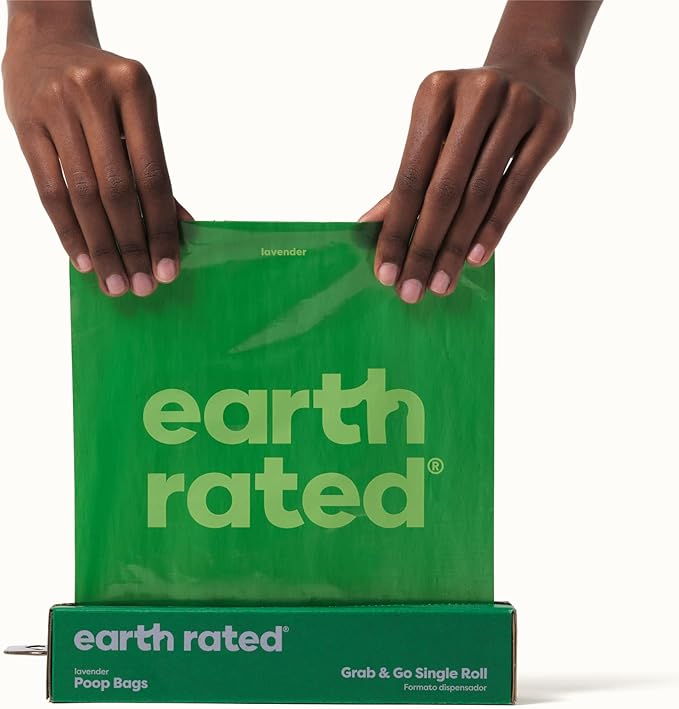 Earth Rated Dog Poop Bags, Thick Grab and Go Single Roll, Ideal for Backyard Pickups, Lavender Scented, 100 Count