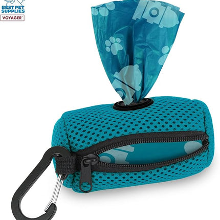 Best Pet Supplies Dog Poop Bag Holder Leash Attachment with 15 Bags, Turquoise, Reusable Mesh Dispenser Pouch for Travel, Walking, Park, and Outdoor Use, Soft and Durable with Clip-On