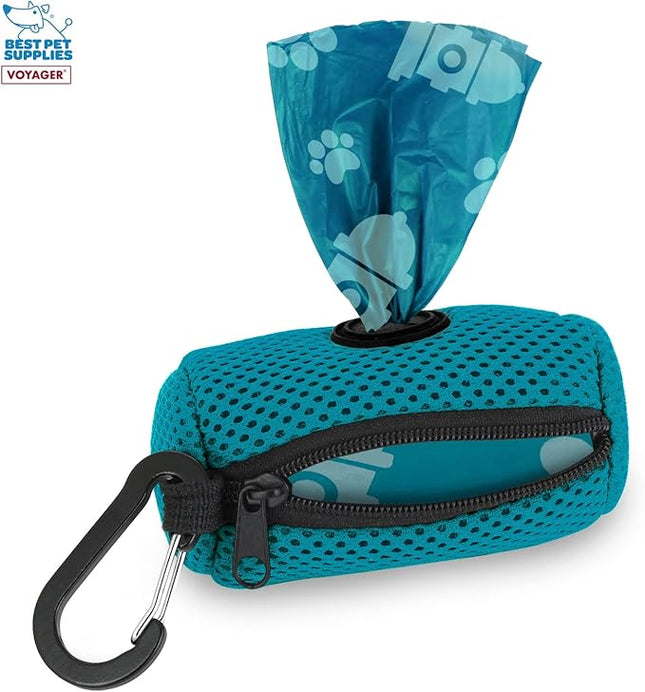 Best Pet Supplies Dog Poop Bag Holder Leash Attachment with 15 Bags, Turquoise, Reusable Mesh Dispenser Pouch for Travel, Walking, Park, and Outdoor Use, Soft and Durable with Clip-On