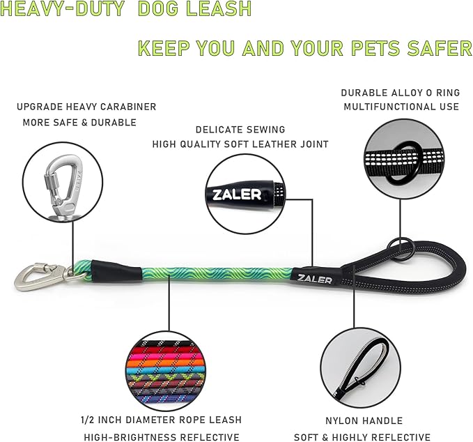 ZALER Short Dog Leash, 26 Inches Rope Traffic Leashes for Dogs, Reflective Dog Lead with O-Ring, Heavy Duty Pet Leash for Large and Medium Dogs (26'' Blue Green)
