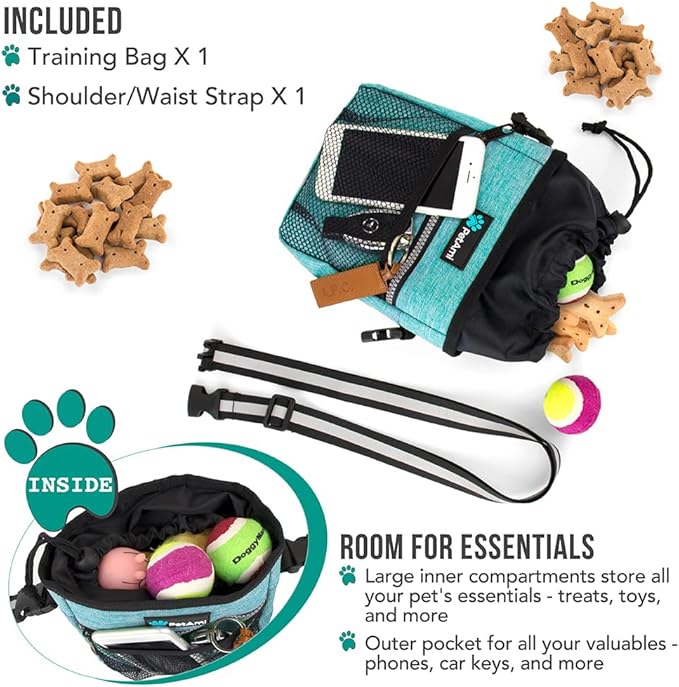 PetAmi Dog Treat Pouch | Dog Training Pouch Bag with Waist Shoulder Strap, Poop Bag Dispenser | Treat Training Bag for Treats, Kibbles, Pet Toys | 3 Ways to Wear (Turquoise) | No bowl included
