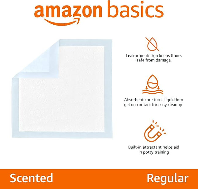Amazon Basics Scented Dog and Puppy Pee Pads, 5-Layer Leak-Proof Super Absorbent, Quick-Dry Surface, Potty Training, Regular (22x22"), 150 Count, Blue