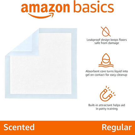 Amazon Basics Scented Dog and Puppy Pee Pads, 5-Layer Leak-Proof Super Absorbent, Quick-Dry Surface, Potty Training, Regular (22x22), 30 Count, Blue & White