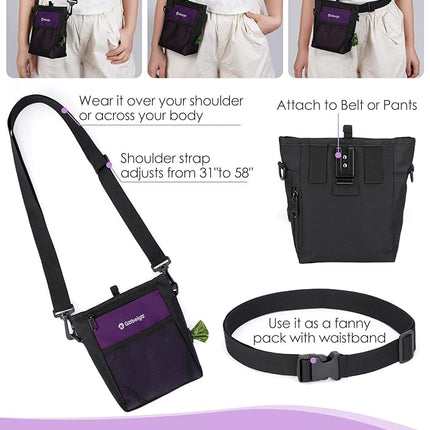 Gobeigo Dog Treat Pouch with Silicone Snack Bag, Front Pocket fits All Phones, 4 Cup Treat Bag with Training Clicker, Upgrade Stronger Magnetic Closure, 3 Ways to Wear Walking Fanny Pack (Purple)