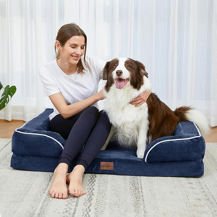 Comfort Expression Orthopedic Dog Bed for Small Dogs 24x16 Inch, Waterproof Supportive Egg Crate Foam Small Pet Bed with Removable Bolsters, Dog Couch with Washable Cover & Non-Slip Bottom, Navy Blue