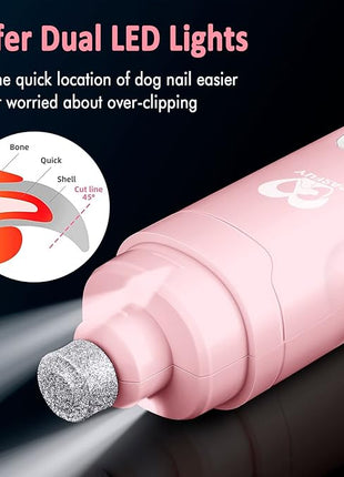 Casfuy Dog Nail Grinder with 2 LED Light for Large Medium Small Dogs - 3X More Powerful 2-Speed Electric Pet Nail Trimmer Rechargeable Quiet Painless Paws Grooming & Smoothing Tool