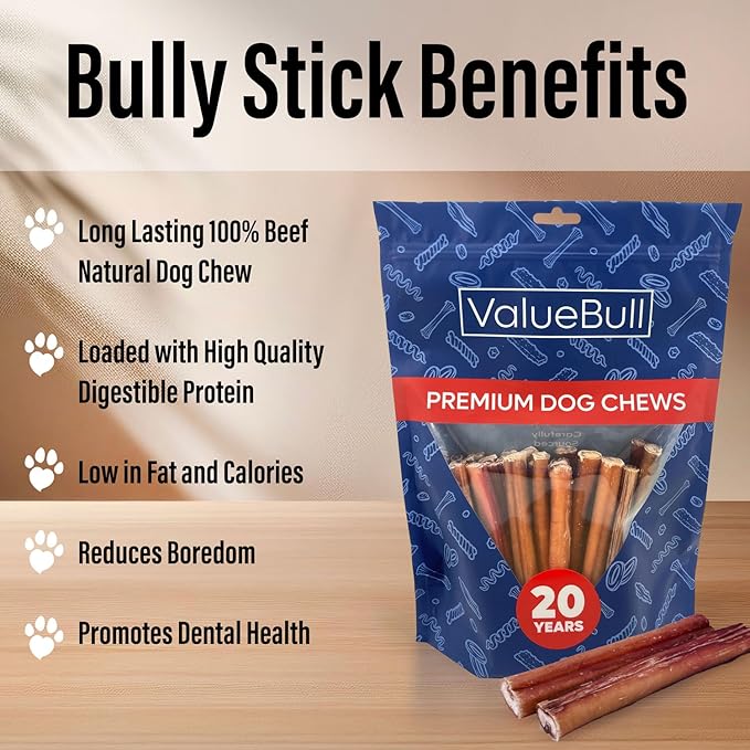 ValueBull Bully Sticks for Small Dogs, Thin 6 Inch, 100 Count Bulk Pack - All Natural, Grass Fed, Single Ingredient, Long Lasting Dog Treats