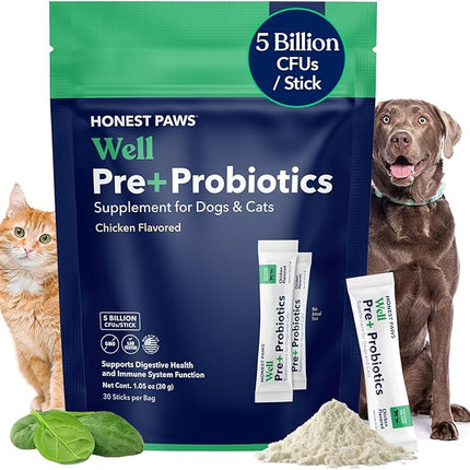 Honest Paws Probiotics for Dogs - Digestive & Immune Support Powder with Prebiotic Made in The USA, Chicken Flavor (30 Sticks)
