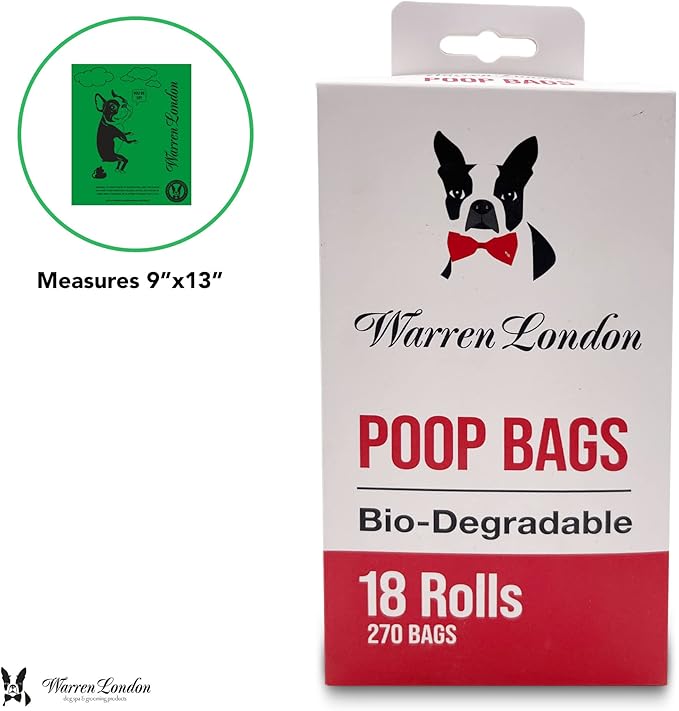 Warren London Poop Bags For Dogs & Pets | Earth Friendly Dog Poop Bags for Cleaning Pet Waste | Boston Terrier French Bulldog Pug | Box of 18 Rolls