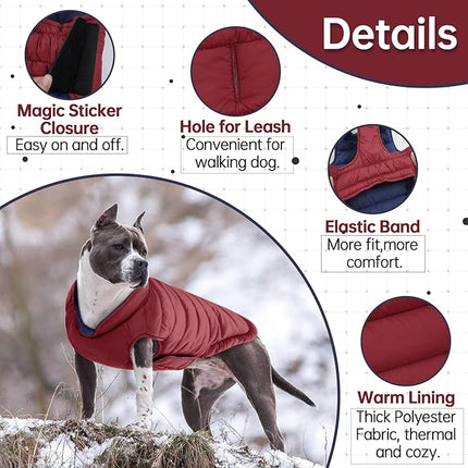 Lelepet Reversible Dog Coat Waterproof Dog Jacket Windproof Puffer Vest for Winter Warm Lightweight Coats for Medium Dogs Adjustbale Hook & Loop Pet Apparel with Leash Hole, French Bulldog, Wine Red L