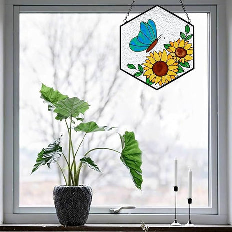 Butterfly Sunflower Stained Glass Suncatchers Windows Hanging Decorative,Hand Paint Sun Sunflower Catchers Indoor Ornaments with Stick Hook,Memorial Gifts for Mom/Women