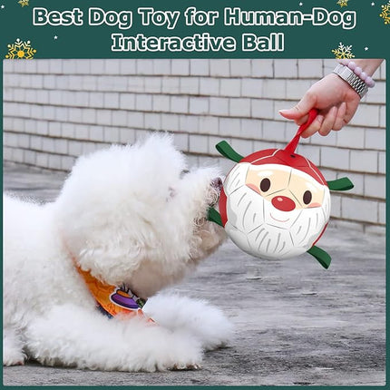 QDAN Christmas Dog Balls with Straps, Soccer Ball for Dogs for Small Medium Breed, Tug Toys for Dog Birthday, 6 Inch Outdoor Dog Toys for Fun
