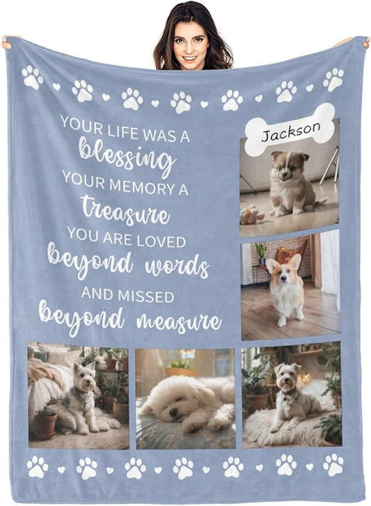 Artsadd Custom Dog Photo Blanket Personalized Pet Memorial Blanket with Pictures & Name - Memorial Gifts for Loss of Dog Cat, Pet Sympathy Remembrance Gifts, in Loving Memory Blanket