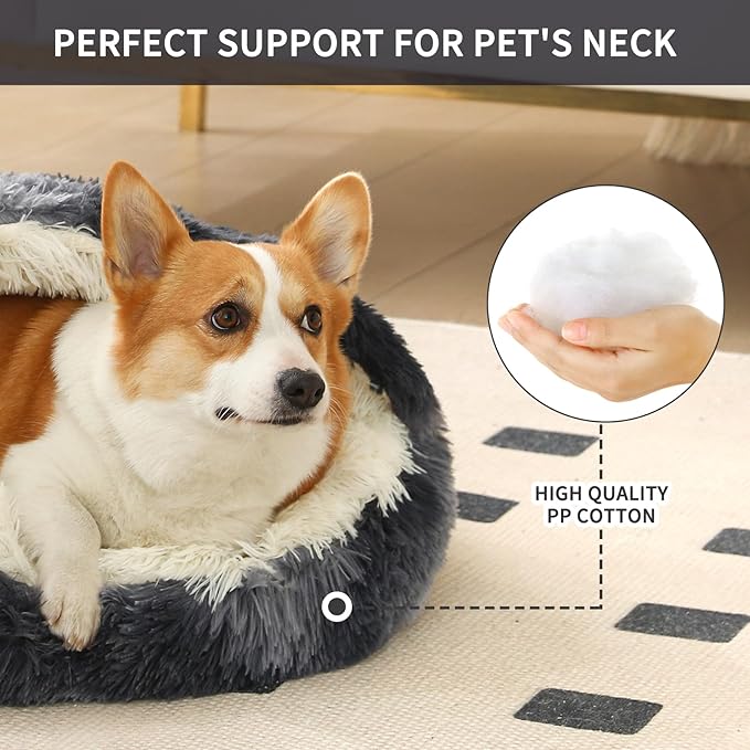 Dog Bed Round Hooded Plush Cat Cave Self Warming Pet Bed Donut Anti Anxiety Fluffy Pet Bed for Puppy and Kitty