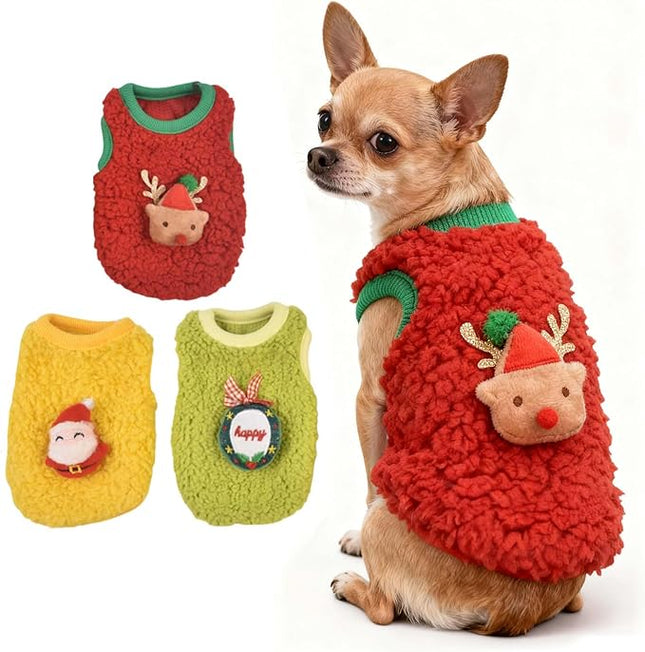 FLAdorepet 3 Packs Christmas Teacup Dog Cat XXS Clothes for Chihuahua Yorkie,Winter Warm Fleece Puppy Pet Clothes Sweater Shirt Vest for Mini Newborn Extra Small Dogs (Christmas, XXXS(Pet Under 1LBS))