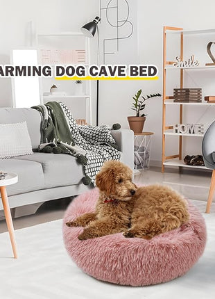 Cat Bed for Indoor Cats, Calming Cozy Cave with Self-Warming Plush, Entire Bed Machine Washable & Anti-Slip Base, Breathable Pet Bed for Small Cats&Dogs All Seasons (Leather Pink, 24 * 24inch)