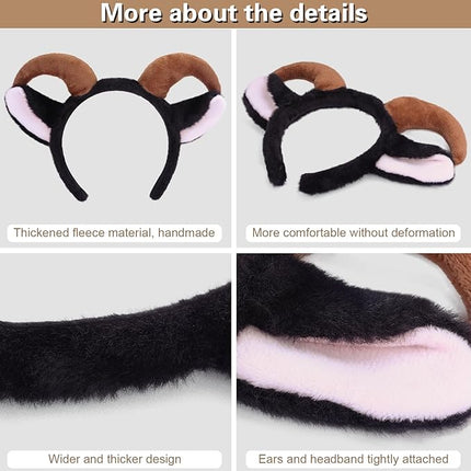 Beviliu Goat Ears Headband with Ram Horns, Animals Ears and Horns Headband, Sheep Ears Custome Lamb Ears Headwear for Halloween Christmas Birthday Party Theme Cosplay, Black