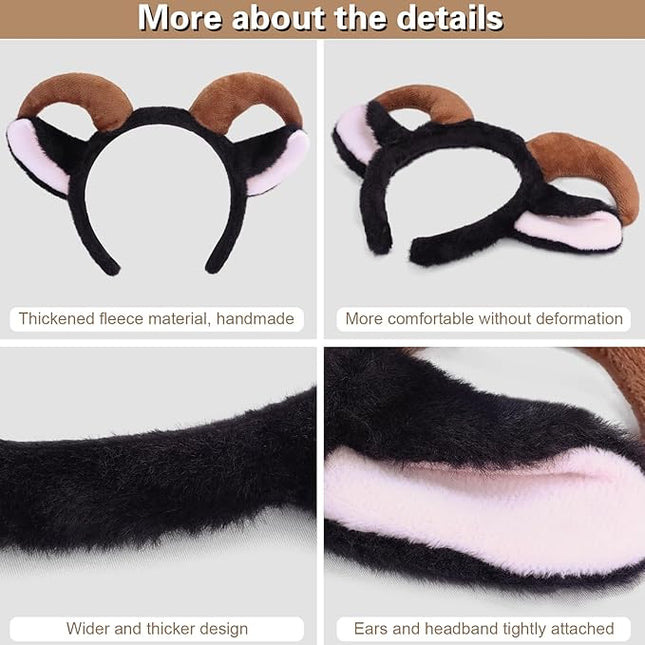 Beviliu Goat Ears Headband with Ram Horns, Animals Ears and Horns Headband, Sheep Ears Custome Lamb Ears Headwear for Halloween Christmas Birthday Party Theme Cosplay, Black