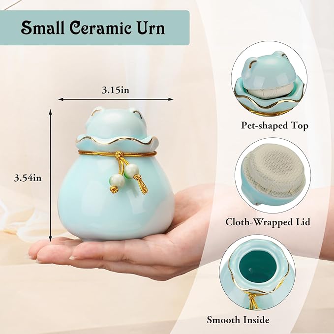 SOITIS Engraving Pet Memorial Urn for Cat or Dog Ashes - 3.54"x3.15" Elegant Ceramic Keepsake Holder with Cat-Shaped Lid & Gold Trim, Small Blue Urn for Pet Ashes