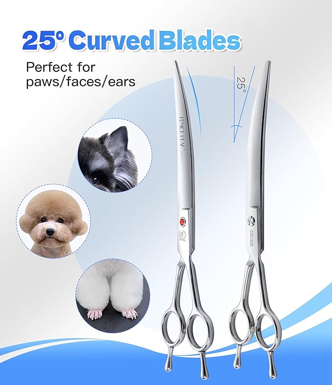 Fenice Peak 7" Curved Dog Grooming Scissors, 25° Curved Blade 6CR Stainless Steel Dog Groming Shear, Professional Pet Trimming Scissors for Face & Paws Grooming