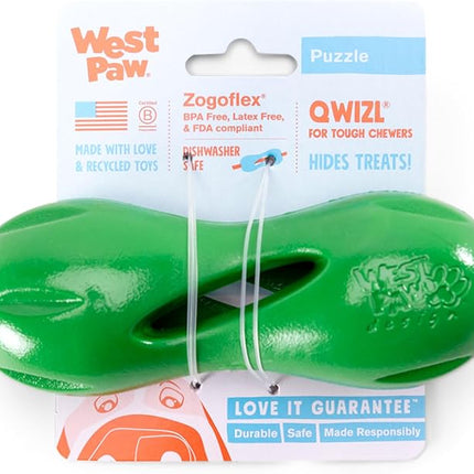 West Paw Qwizl Treat Dispensing Dog Toy for Tough Chewers- Durable Long Lasting Chew and Fetch Toy Keeps Dogs Engaged- Dishwasher Safe Safe Materials Made in USA - Clover Green, Small