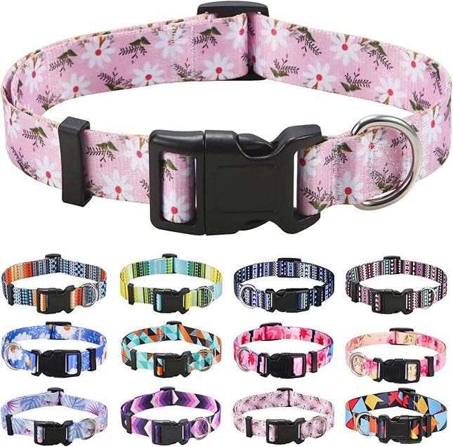 Dog Collar with Bohemia Floral Tribal Geometric Patterns - Soft Ethnic Style Collar Adjustable for Small Medium Large Dogs (White Flower,L)