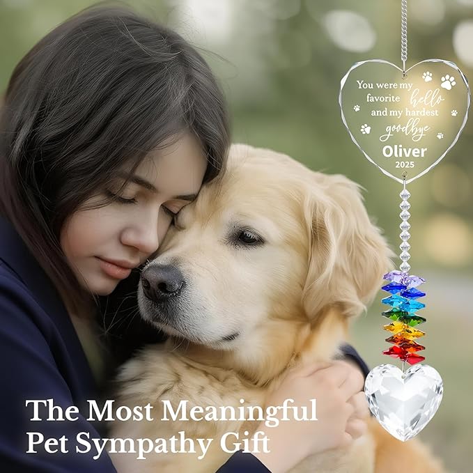 Personalized Pet Memorial Suncatcher - Dog Memorial Gifts for Loss of Dog,Pet Loss Sympathy Gift,Custom Crystal Cats Dogs Remembrance Bereavement Gift (Pet Memorial(Heart))