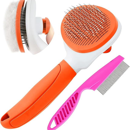 Cat Brushes for Indoor Cats, Dog Brush for Shedding with Metal Cat Comb, Self Cleaning Pet Hair Brush with Release Button for Grooming Kitten(Orange)
