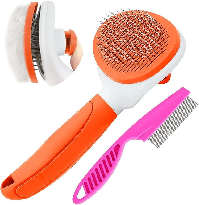 Cat Brushes for Indoor Cats, Dog Brush for Shedding with Metal Cat Comb, Self Cleaning Pet Hair Brush with Release Button for Grooming Kitten(Orange)