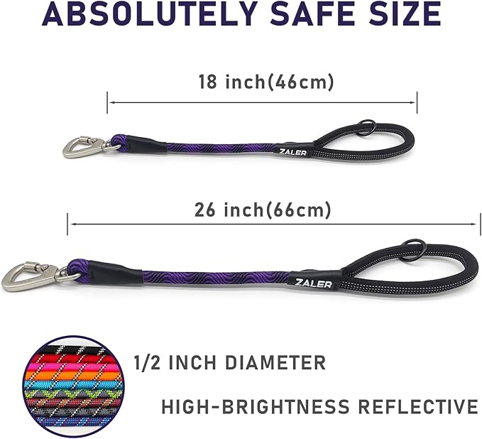 ZALER Short Dog Leash, 18 Inches Rope Traffic Leashes for Dogs, Reflective Dog Lead with O-Ring, Heavy Duty Pet Leash for Large and Medium Dogs (18'' Black Purple)